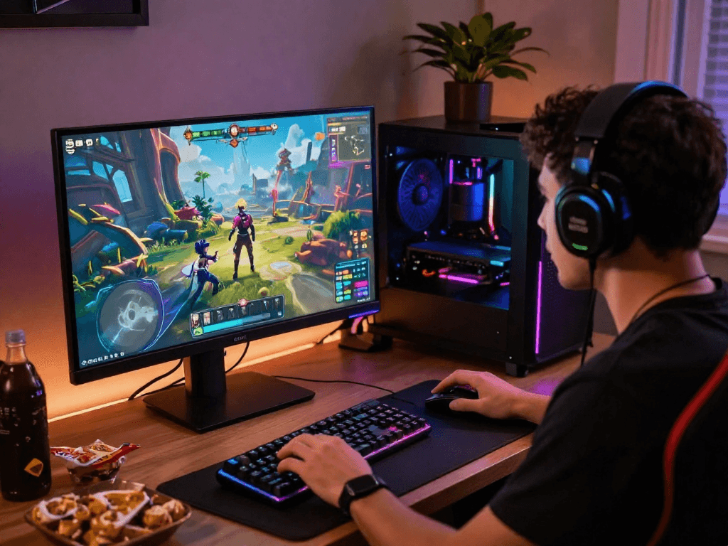 Player immersed in a porn game with vibrant graphics and gaming setup.
