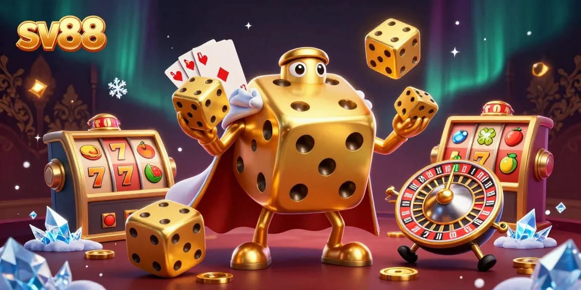 Witness thrilling gaming action with sv88's dynamic golden dice golem and slot elements filled with energy.