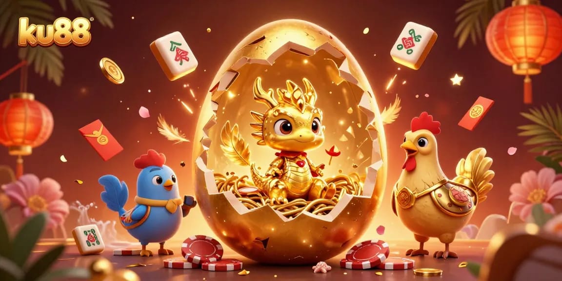 Join the excitement at ku88 with a golden dragon and poker chips in a vibrant casino scene.
