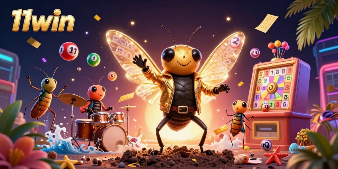 Experience the excitement of 11win with vibrant lottery elements and our rock star cicada illustration.