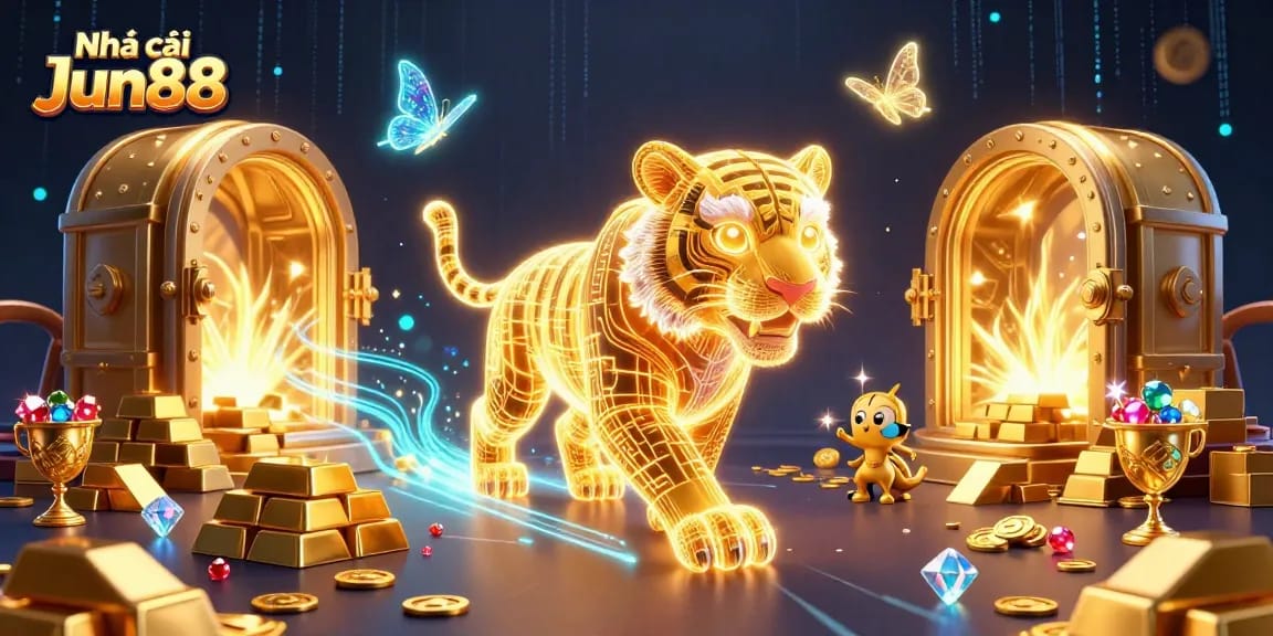 Experience thrilling betting action at Nhà cái Jun88, featuring a vibrant casino scene with stacked treasures.