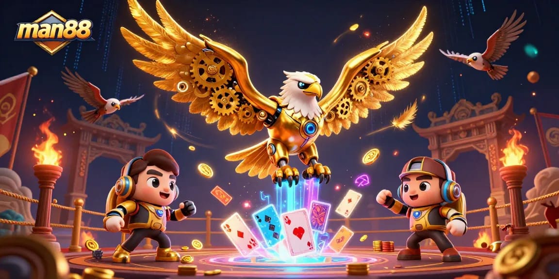 Experience man88's thrilling dive into immersive gameplay with a cybernetic eagle and holographic cards.