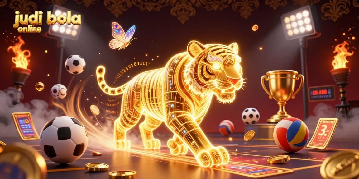 Engage in judi bola online with a dynamic scene of a golden tiger and sports elements in a digital casino landscape.