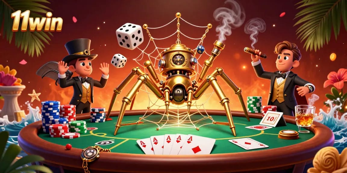 Engage with thrilling moments at 11win as the golden spider catches dice with its poker-inspired web.