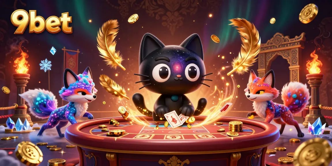 Experience the dynamic cosmic casino scene with 9bet characters drawing in chips and cards.