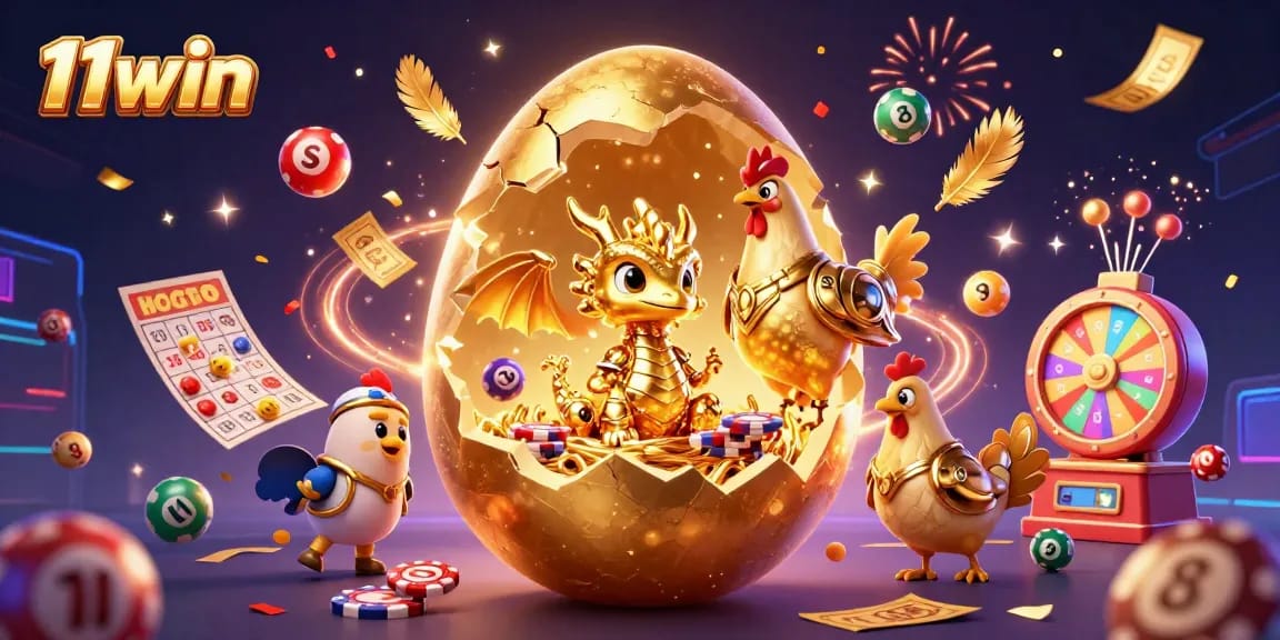 11win showcases a golden dragon amidst lottery elements in a vibrant casino scene.