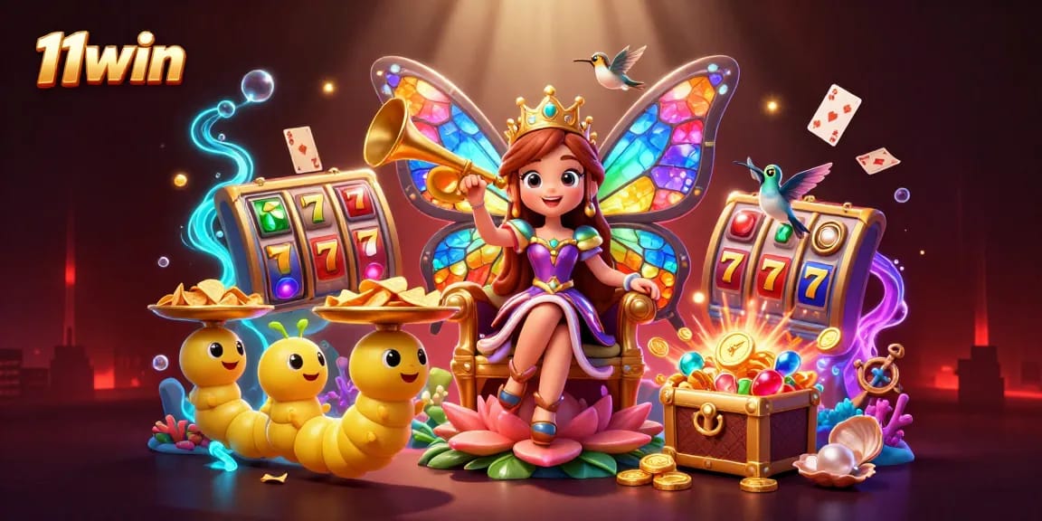 Engage with 11win's vibrant slots action illustrated by a butterfly queen and lively treasures.