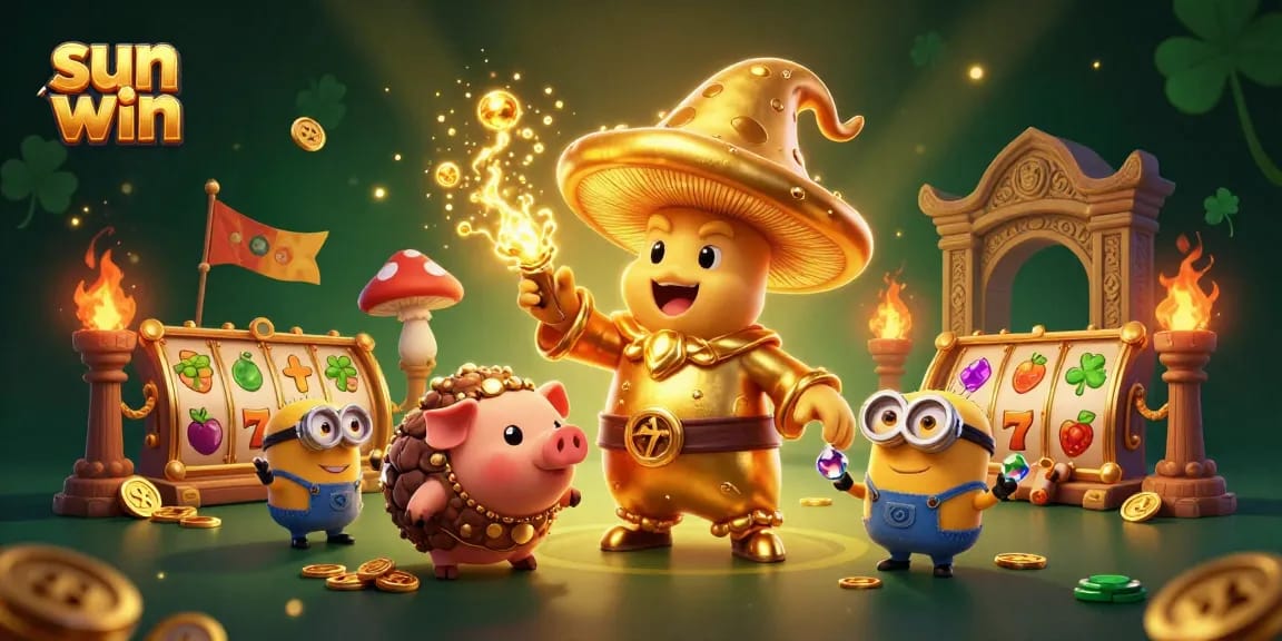 Experience winning moments with sun win in this magical casino illustration, featuring a golden mushroom wizard.