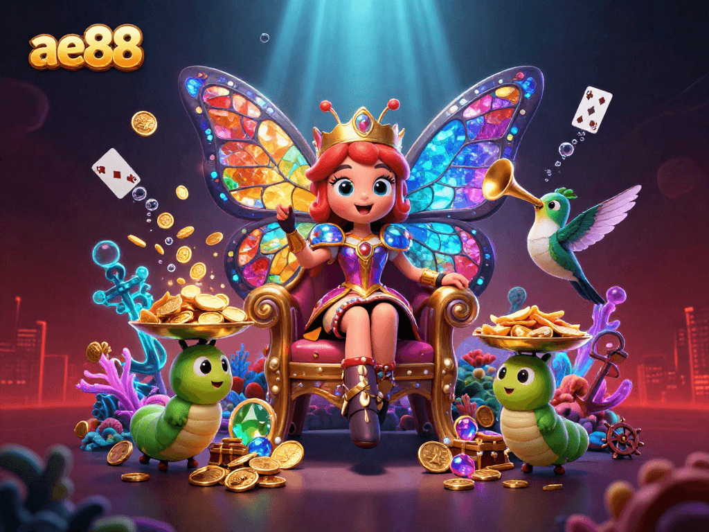 A dynamic 3D scene featuring the ae88 butterfly queen amidst casino elements, showcasing golden coins and vibrant game items.