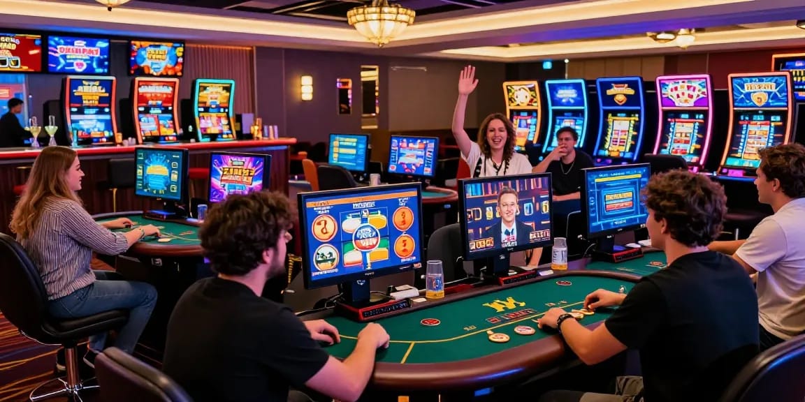 Players enjoying various games at the best online casinos in a lively, exciting environment, showcasing vibrant screens and social interaction.