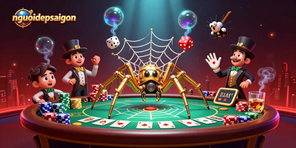 Engage with nguoidepsaigon's vibrant 3D casino scene featuring golden spider and poker elements.