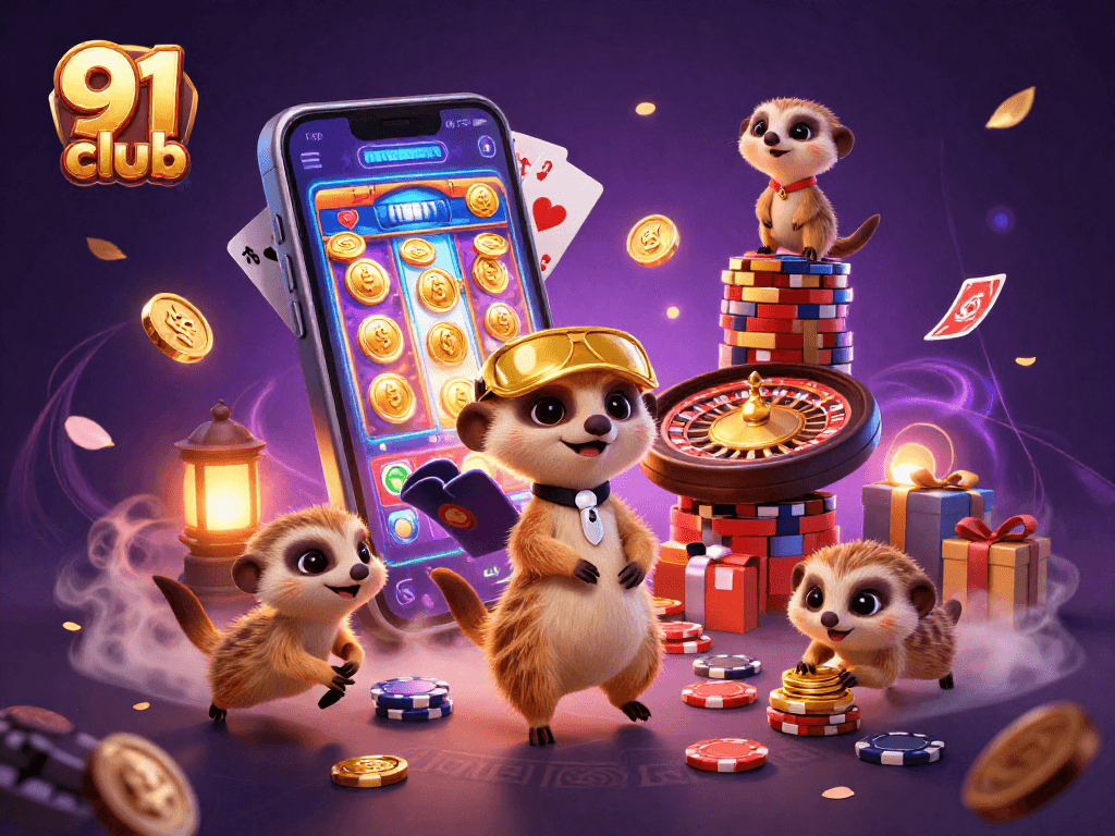 Experience thrilling gaming adventures at 91 club with meerkats managing a vibrant casino.