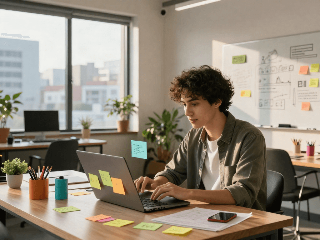 Youthful professional engaged in nsfw ai chat in a vibrant tech startup office.