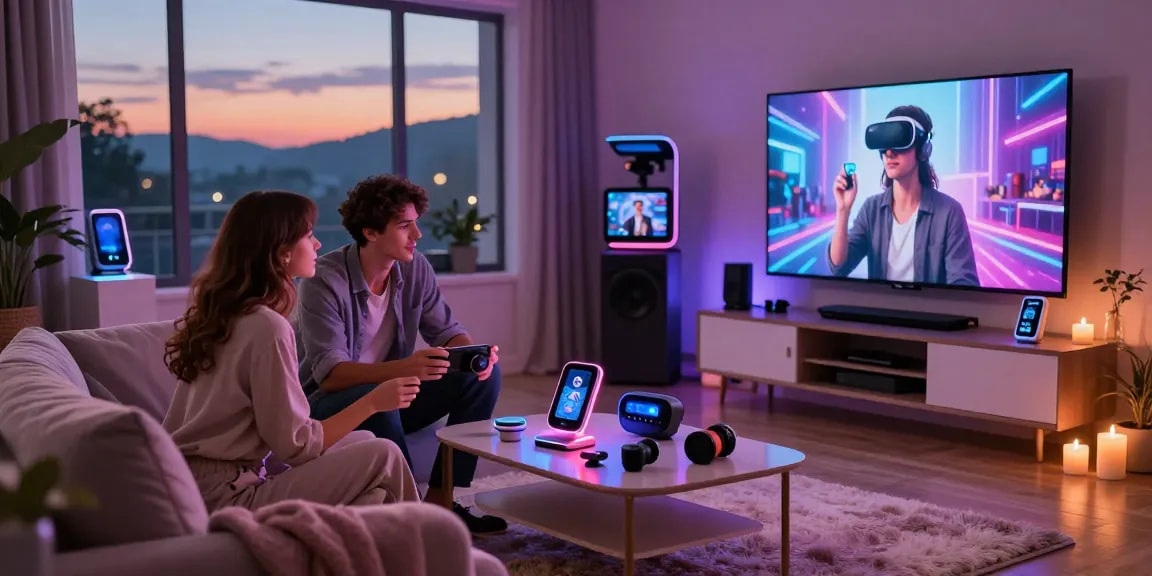 Couple exploring AI sex technology in a cozy modern studio, showcasing innovative gadgets.