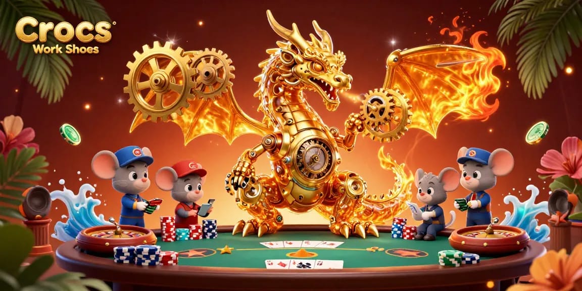 Crocs Work Shoes enhance your gaming luck at the casino, surrounded by golden poker elements.