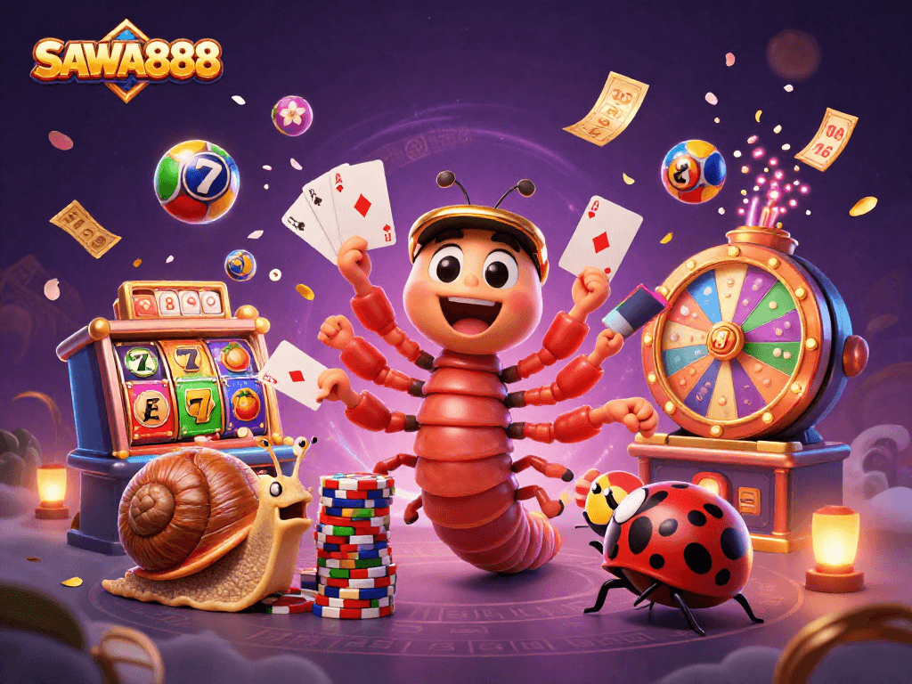 Experience thrilling gameplay at SAWA888 with a dynamic scene of fun characters and vibrant casino elements.