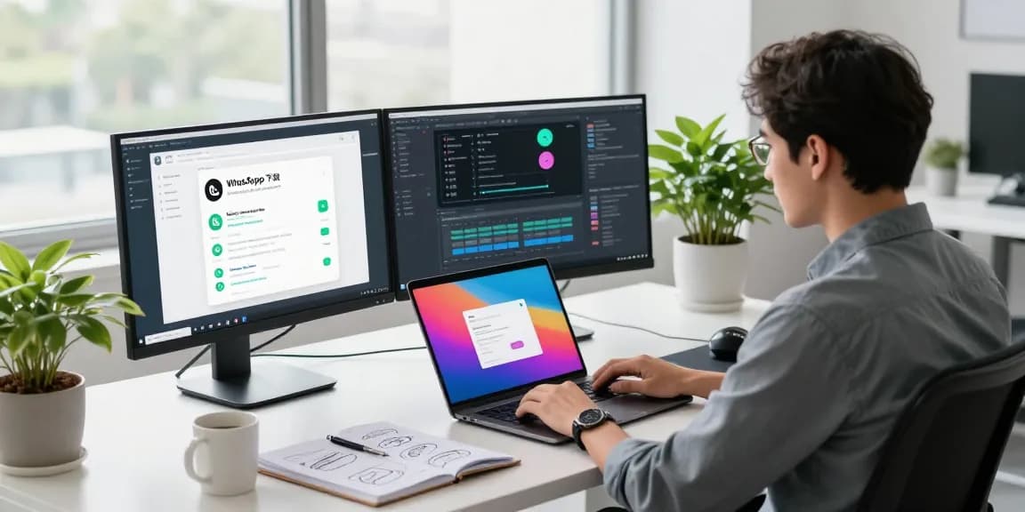 Developer coding in a modern workspace showcasing WhatsApp下載 innovations and app designs.