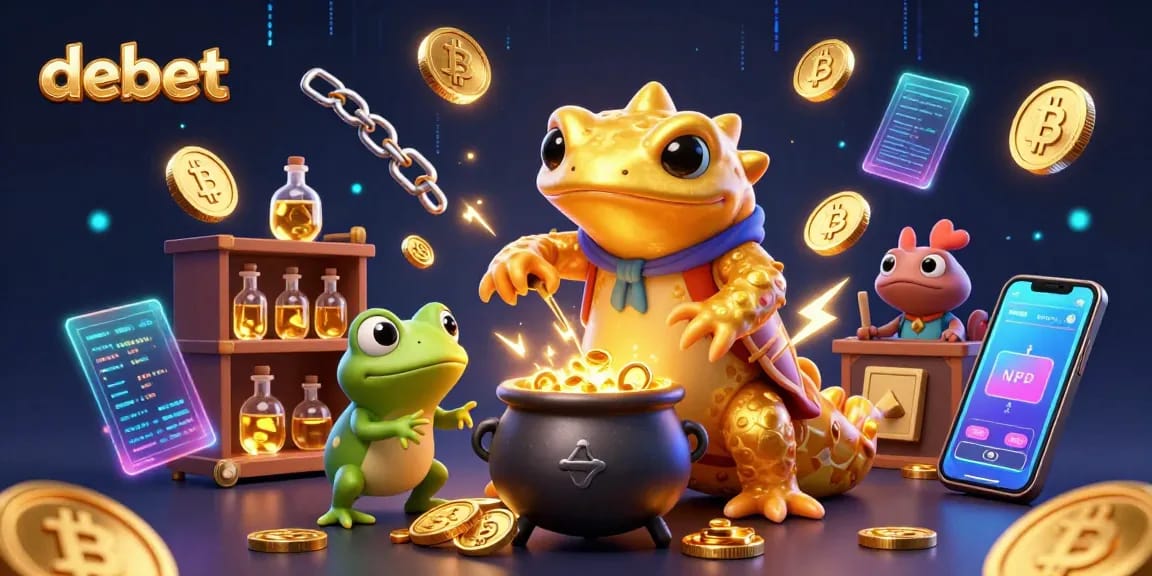 Bet on debet with a captivating scene featuring mystical alchemy and crypto elements.