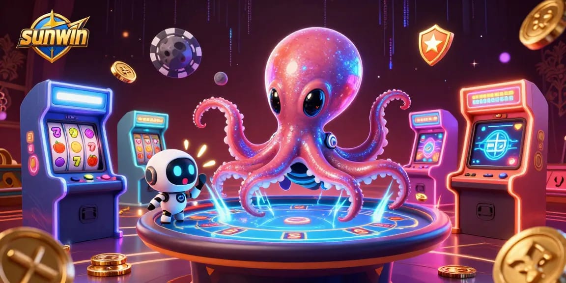 Join the fun with the sunwin poker alien octopus and robot amidst colorful casino arcade games.