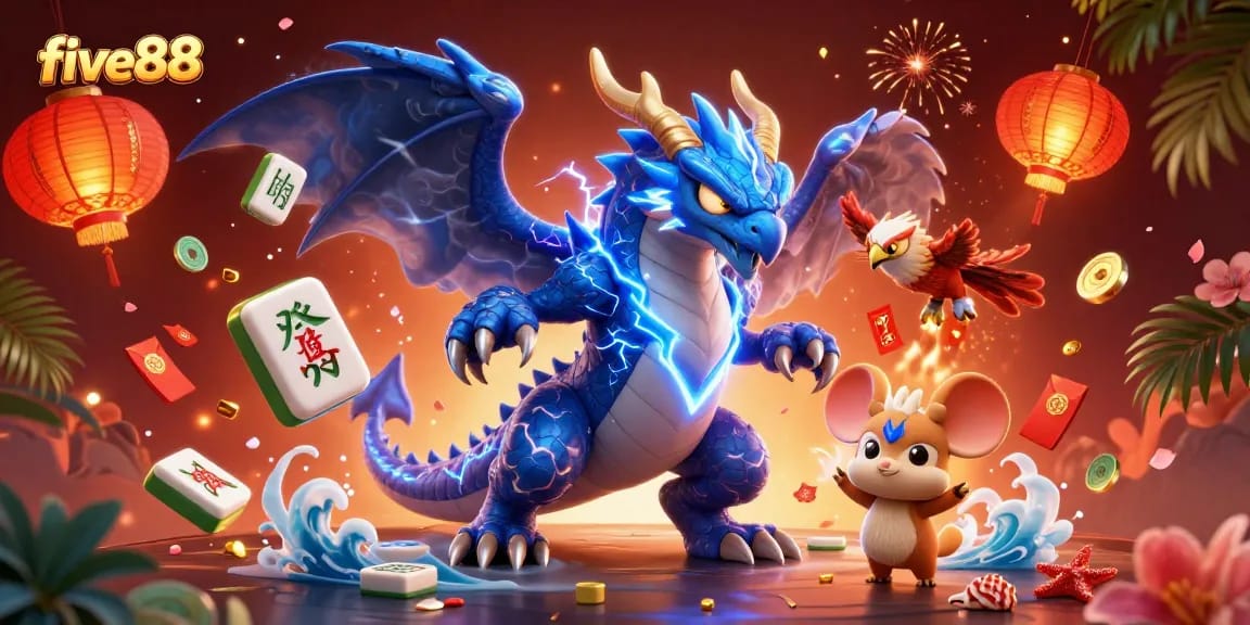 Bring excitement to the table at five88 with a thunder dragon and festive casino elements.