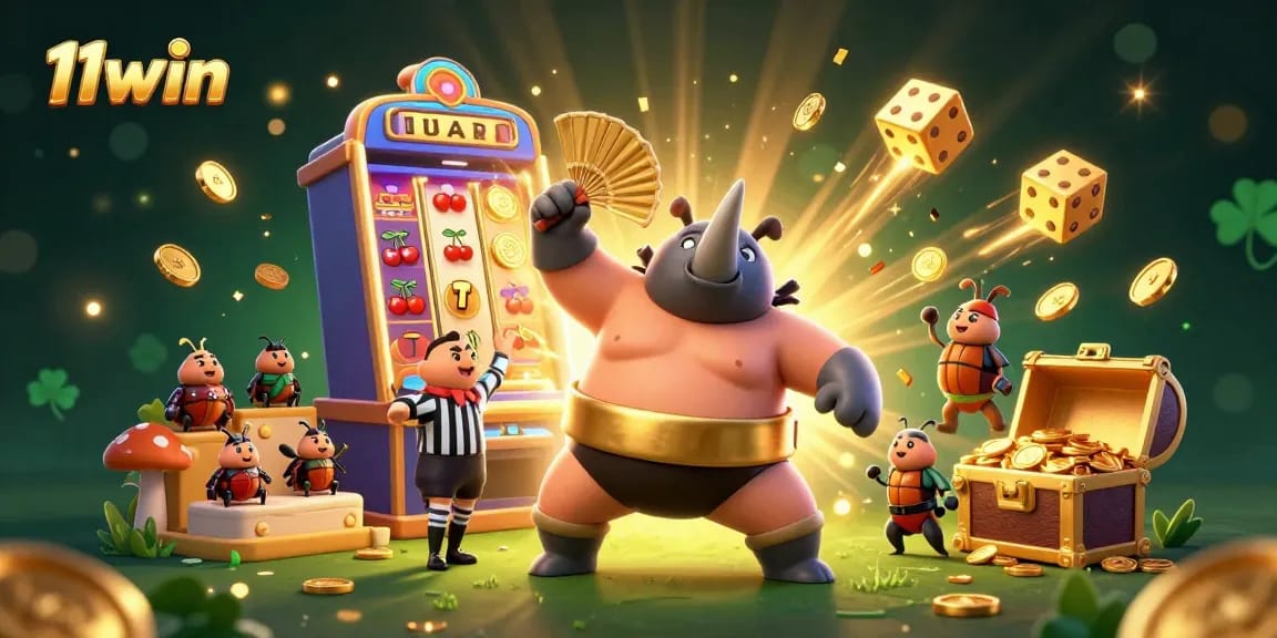 Experience jackpot thrills with 11win in this vibrant 3D casino illustration featuring beetle champions.