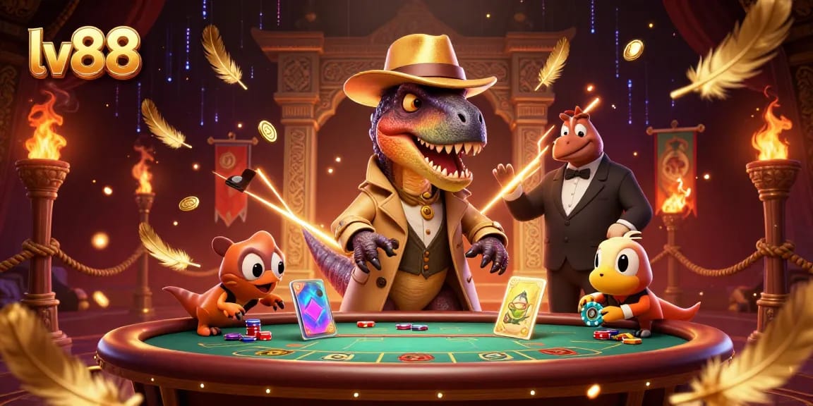 Experience thrilling card counting with lv88's velociraptor at a blackjack table, surrounded by vibrant casino elements.