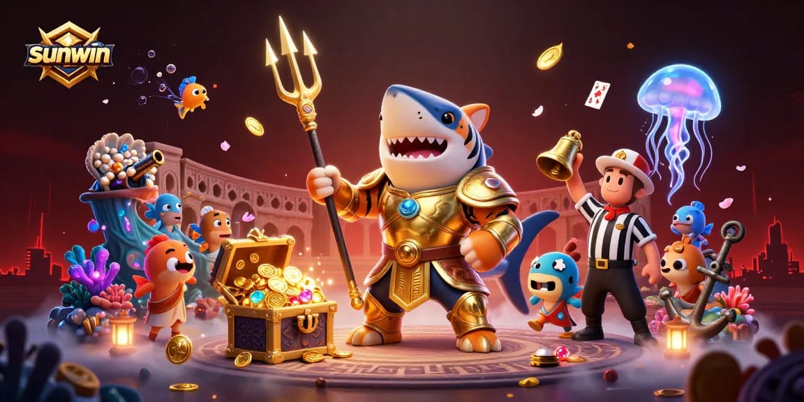 Experience exhilarating gameplay at sunwin with our vibrant 3D underwater casino world featuring a gladiator shark.