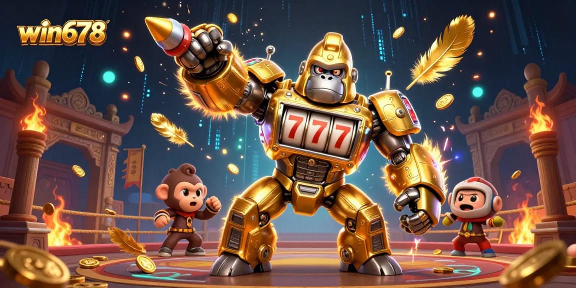 Experience the excitement of win678 as the golden gorilla mech bursts with coins amidst a vibrant casino atmosphere.
