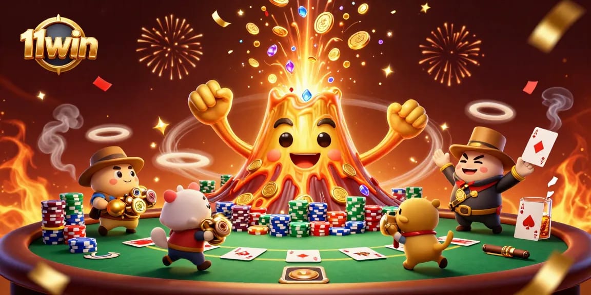 Victory at 11win showcased in an erupting volcano with treasures and poker excitement.