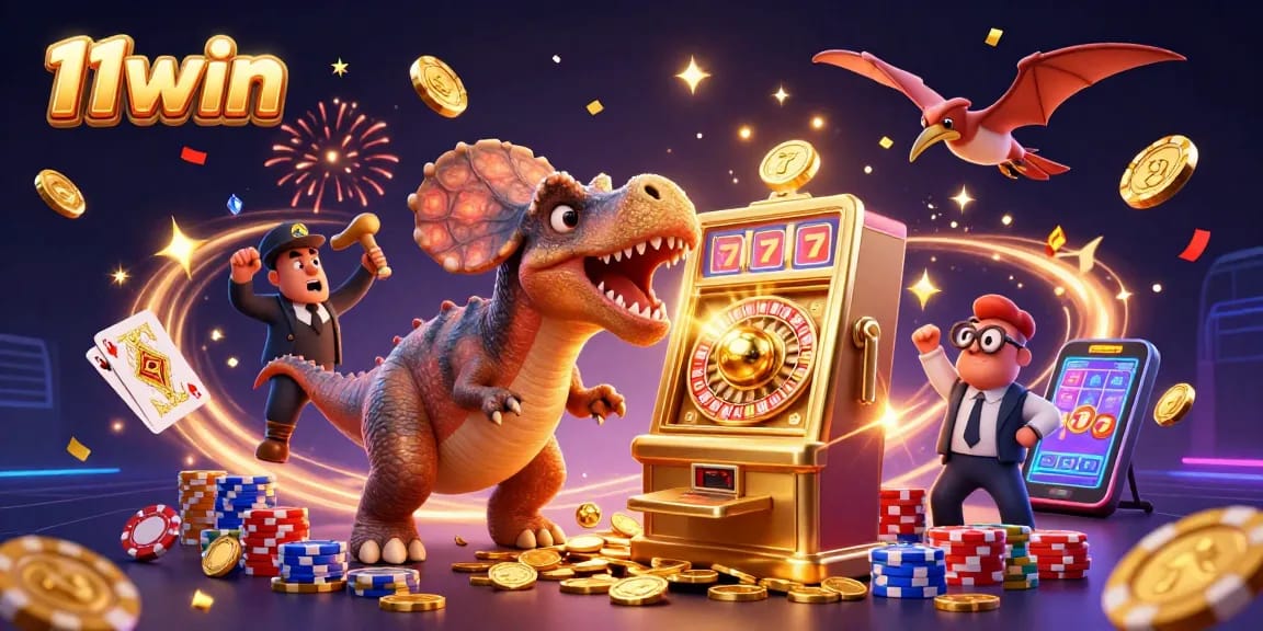 11win's dynamic casino scene with a pachycephalosaurus winning jackpot coins!