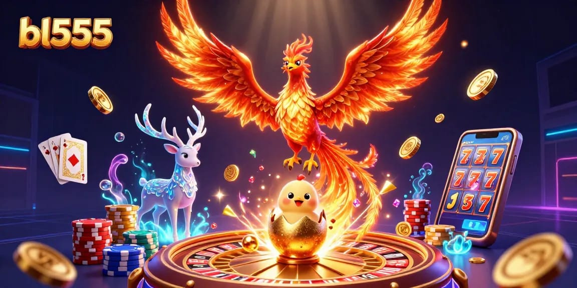 Experience bl555 with an exciting illustration of a phoenix and casino elements, capturing the thrill of gaming.