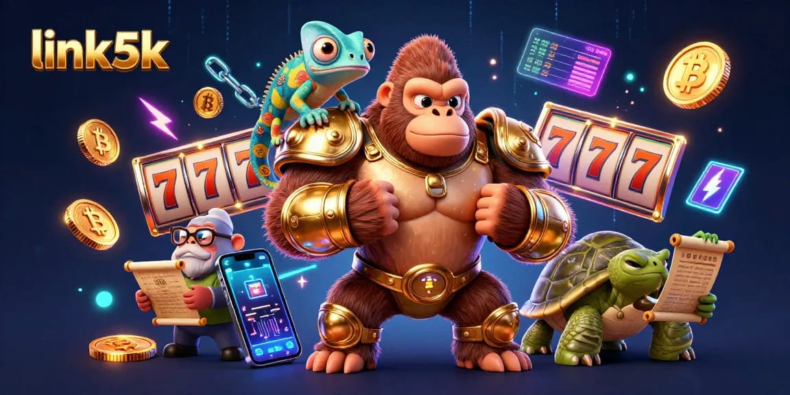 Spin the reels with link5k: 3D gorilla king and colorful characters in a vibrant casino scene.