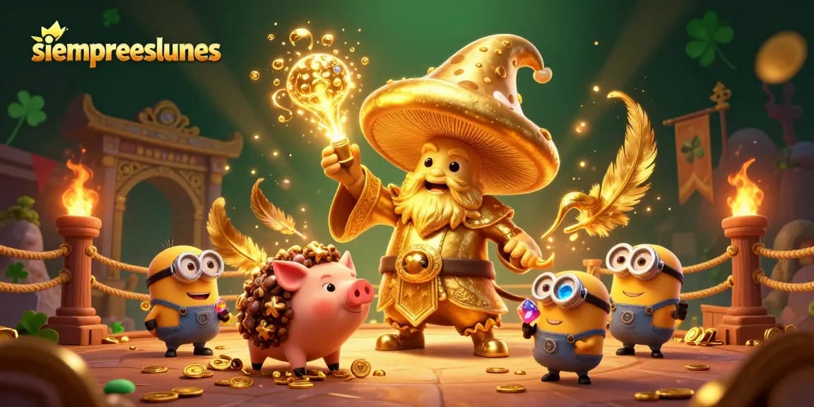 Engage with siempreeslunes in a vibrant 3D fantasy casino world, where a golden mushroom wizard conjures riches.