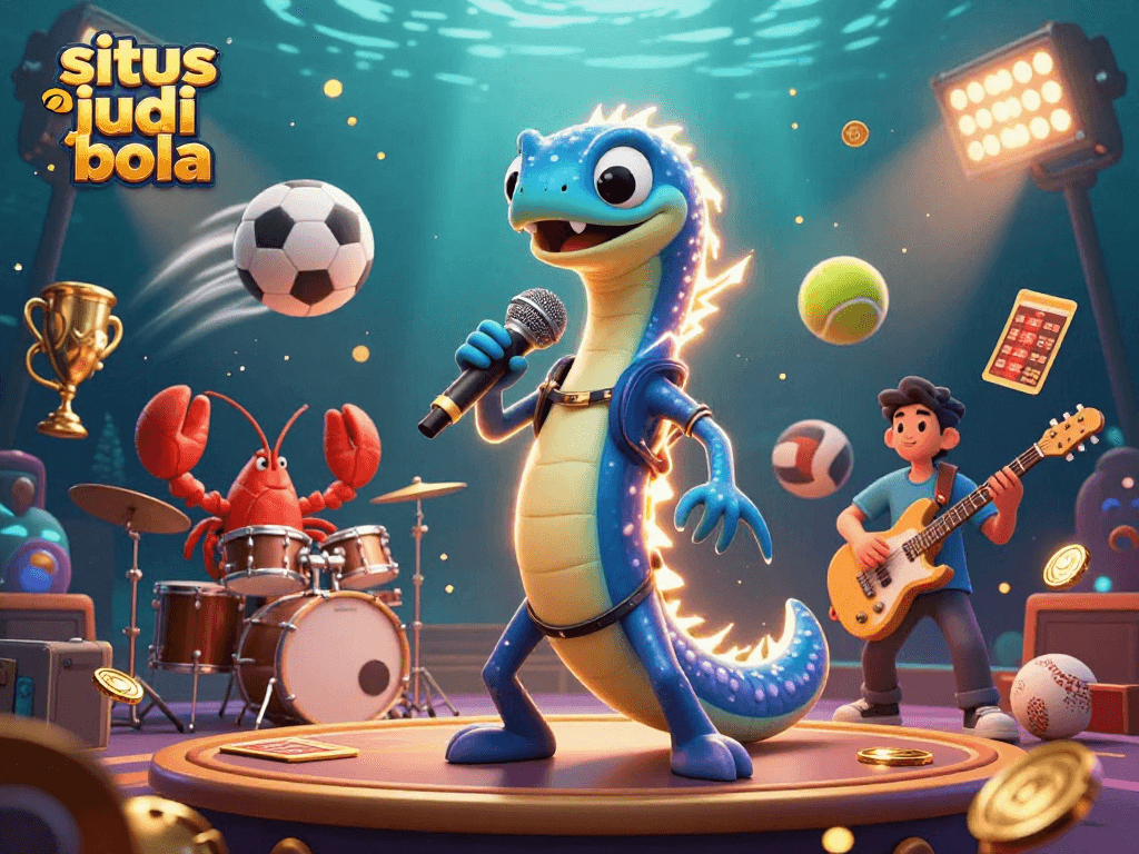 Engage in situs judi bola with lively characters in an underwater casino scene featuring sports elements.