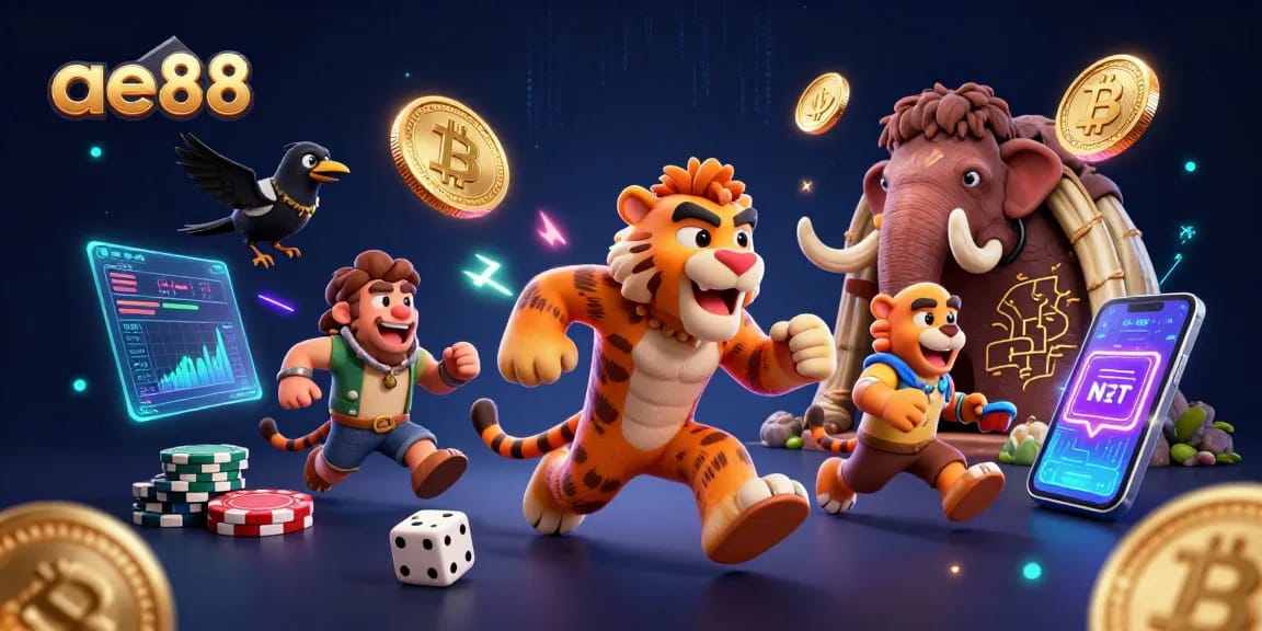 Experience thrilling games at ae88 casino with a dynamic cartoon scene featuring crypto elements.