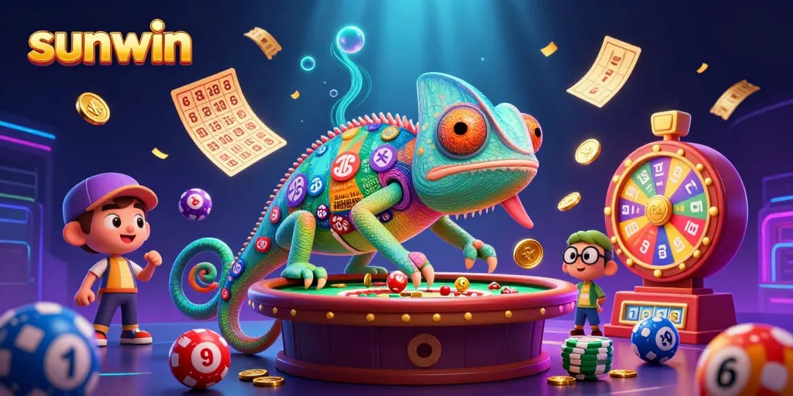 Engage with the vibrant sunwin casino scene featuring a colorful chameleon owner, lively lottery elements, and sparkling prizes.