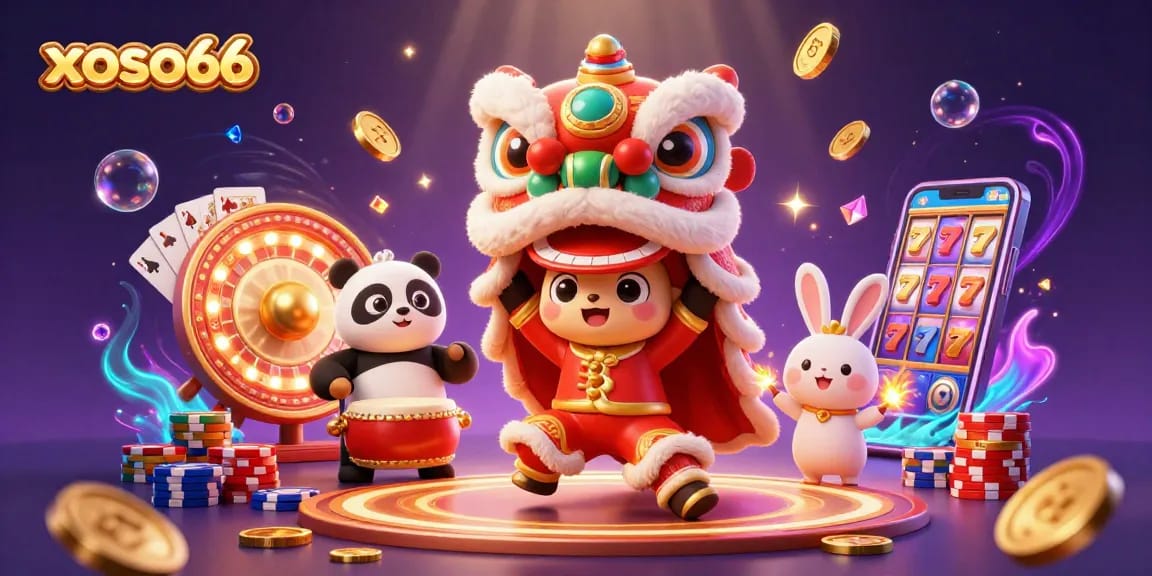 Win big at xoso66 with a vibrant casino scene featuring a dancing lion, panda, and lucky game elements.