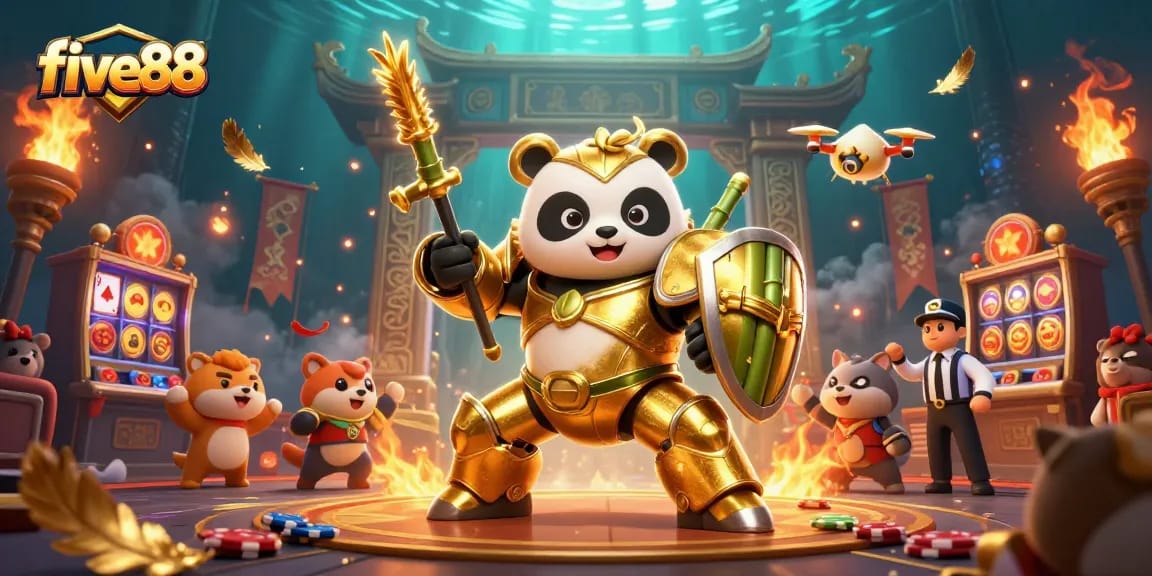 Experience thrilling action at five88 with a dynamic 3D scene featuring a mech-suit panda in an animated casino arena.
