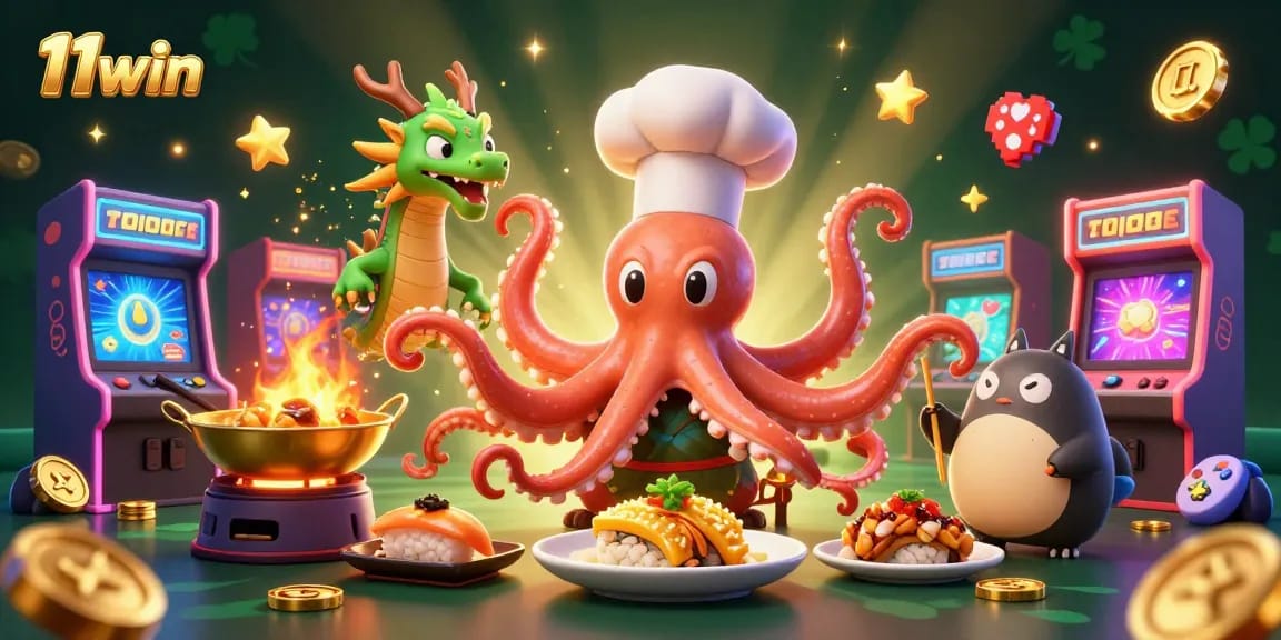 Experience thrilling gaming with 11win featuring a dynamic octopus chef, dragon, and tanuki in a vibrant casino!