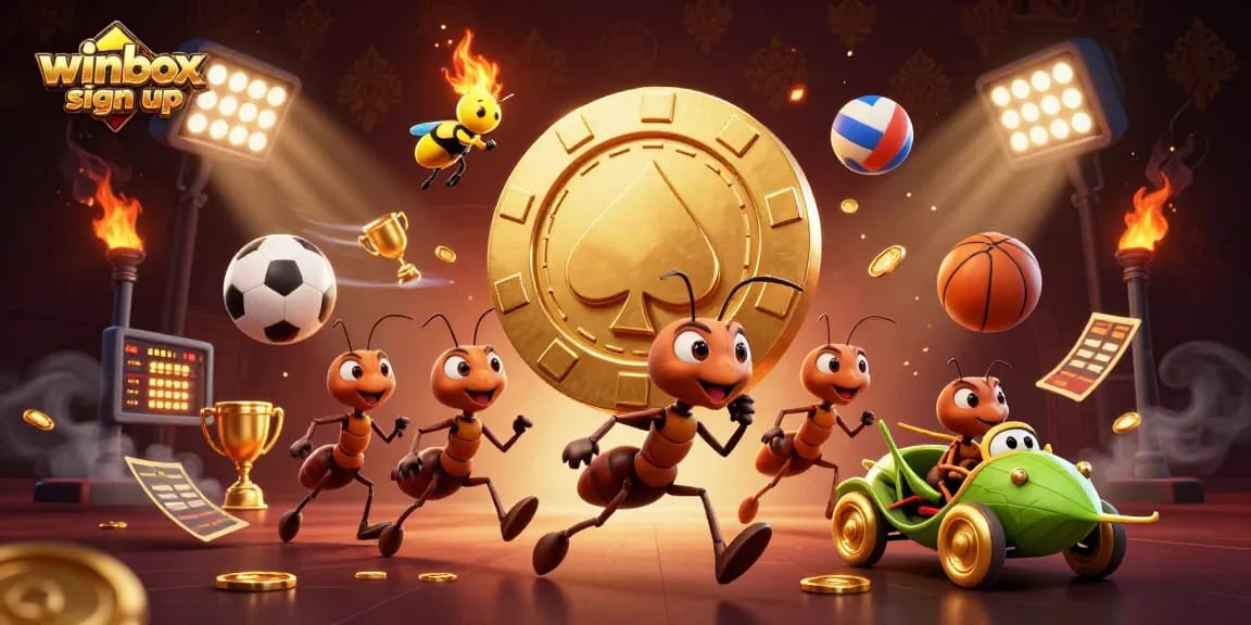 Engage in the winbox sign up process as cartoon ants transport a giant poker chip amidst vibrant gambling elements.
