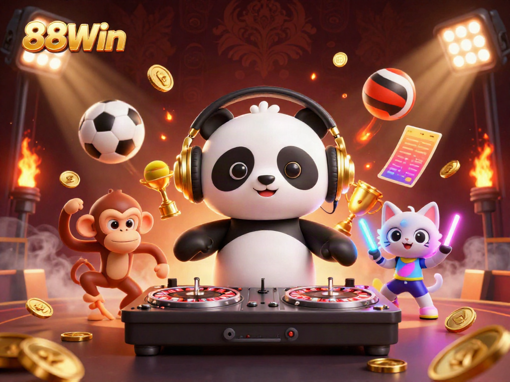 Experience 88Win's thrilling casino adventures with a lively DJ panda and friends enjoying betting games