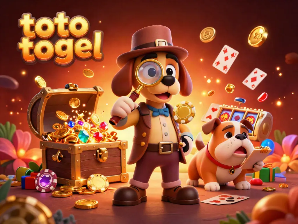 Engage in toto togel excitement with a detective cartoon scene uncovering poker chip treasures amidst vibrant casino elements.