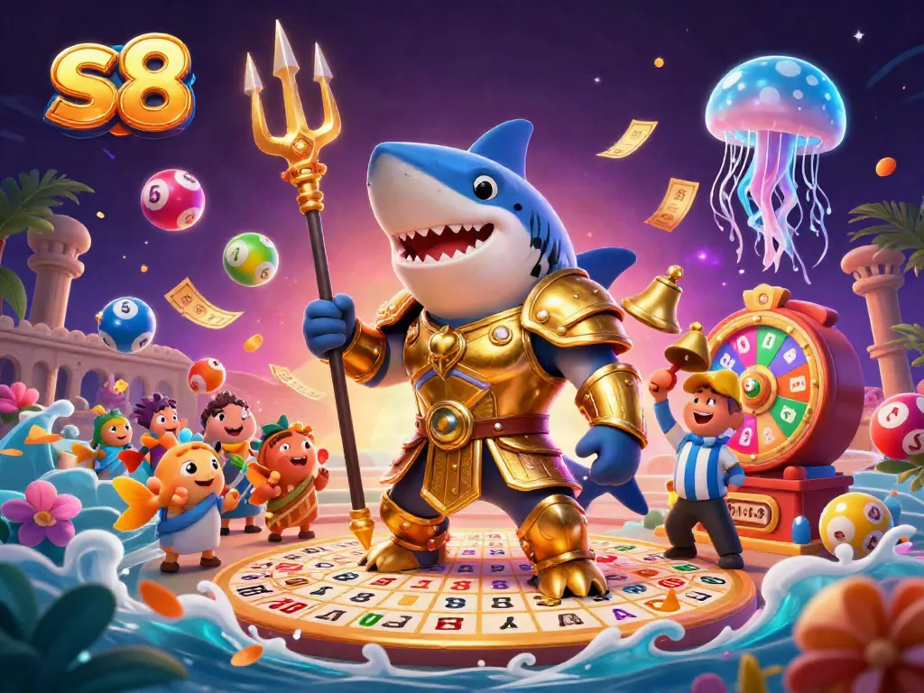 Engage in thrilling gameplay at s8 with a vibrant underwater casino scene featuring a shark gladiator.