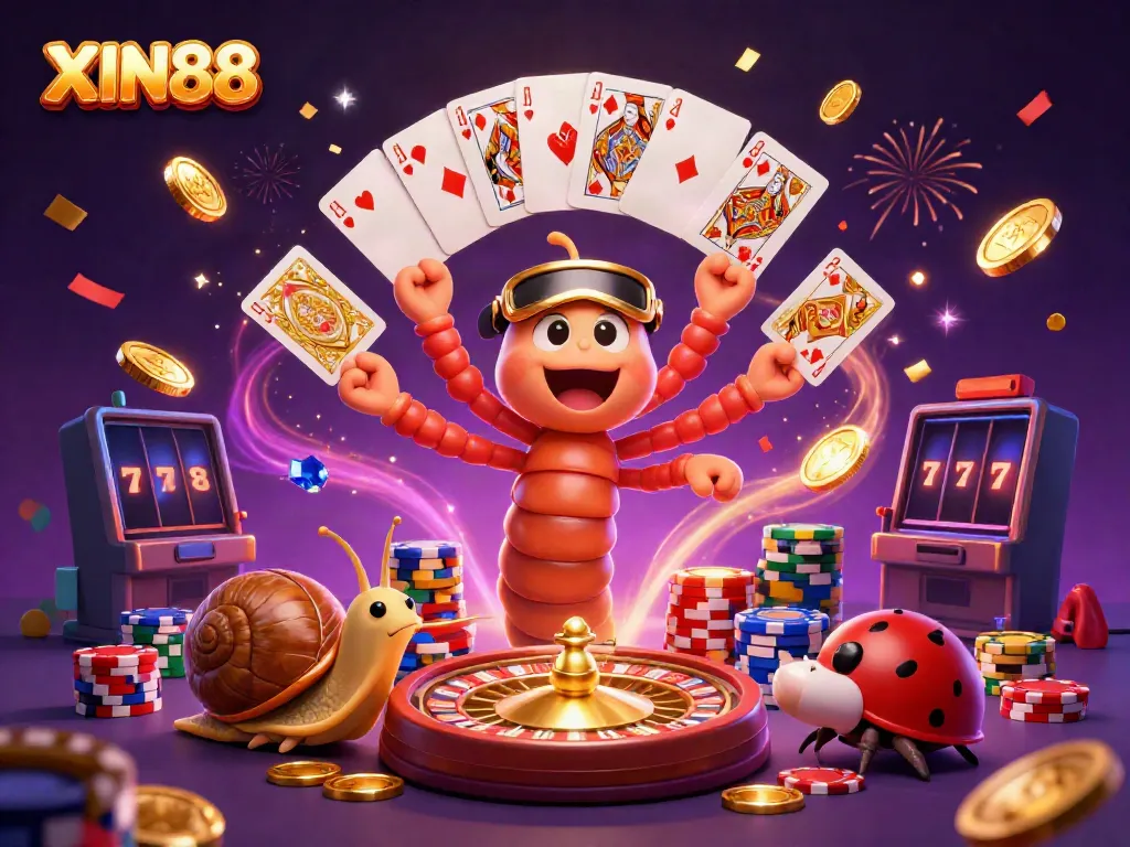 XIN88 invites players to enjoy an electrifying casino experience with a whimsical illustration of a millipede dealer showcasing cards and chips.