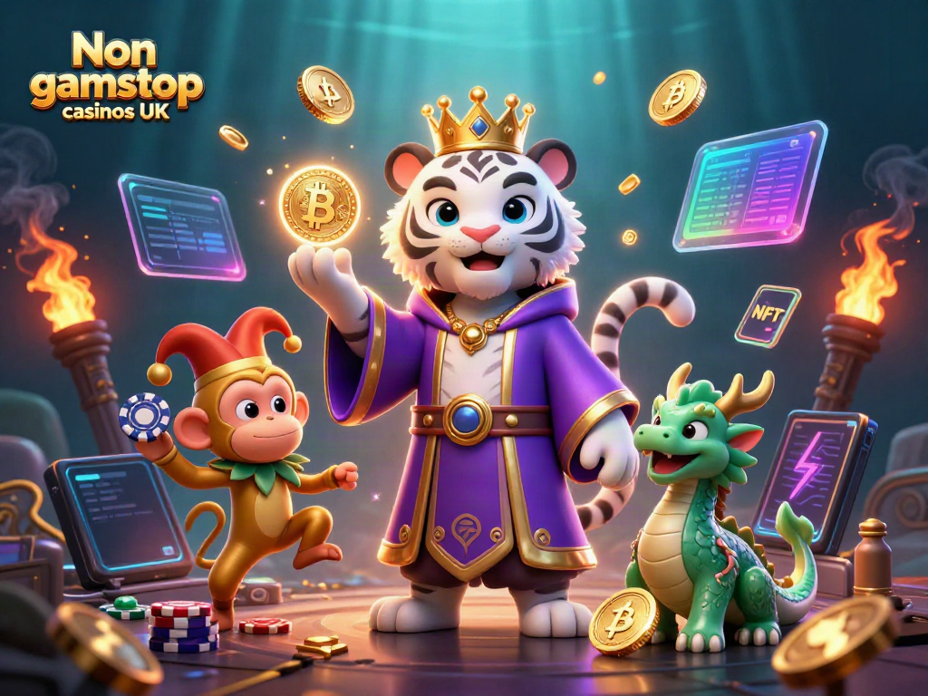 Engage with Non gamstop casinos UK through vivid 3D art showcasing a tiger, monkey, and dragon in a casino-themed illustration.