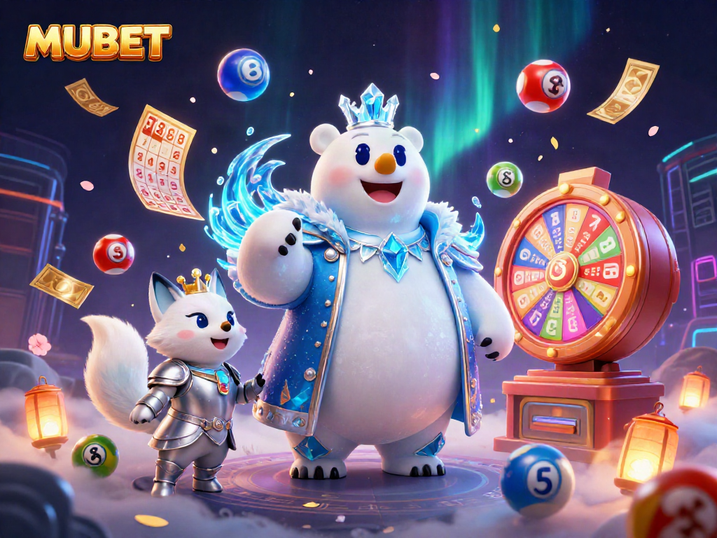 MUBET brings excitement to players with a vibrant 3D illustration showcasing thrilling lottery elements and a dynamic polar bear.