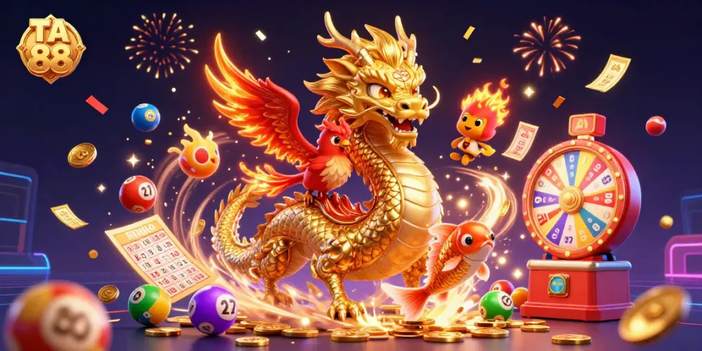 Experience the thrill of TA 88 with a dynamic scene of a golden dragon, phoenix, and koi fish in a vibrant gambling universe.