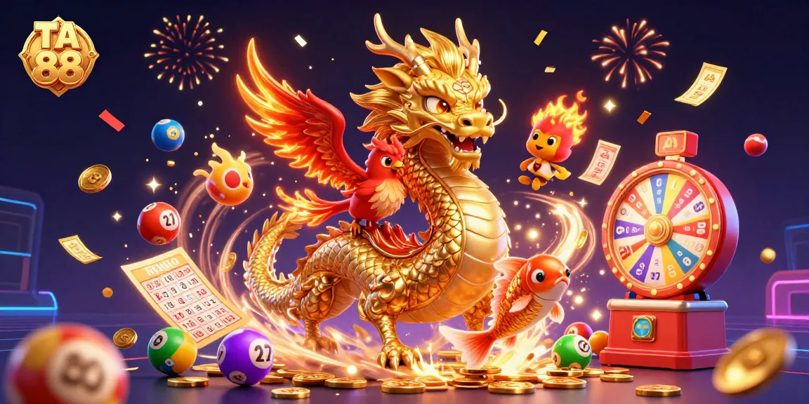 Experience the thrill of TA 88 with a dynamic scene of a golden dragon, phoenix, and koi fish in a vibrant gambling universe.