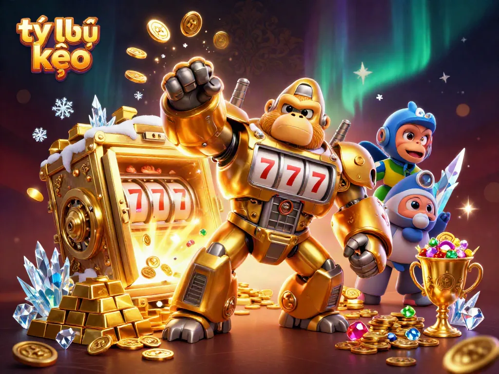 Spinning slot reels reveal tỷ lệ kèo in a dynamic casino scene with a golden gorilla mech.