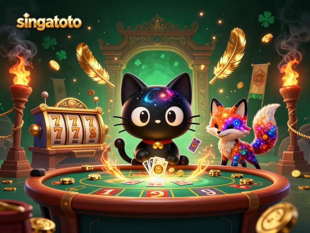 Engage with singatoto's thrilling casino scene featuring a cosmic black hole cat and colorful nebula fox.